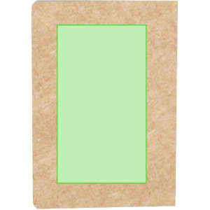 A brown notebook with a green-framed cover, featuring a simple design and a logo.