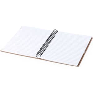 A notepad with lined pages, featuring a black spiral binding and a brown cover.