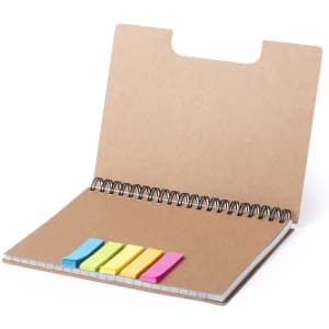 A notepad with a brown cover and pages, featuring colourful sticky tabs in pink, yellow, blue, and green.