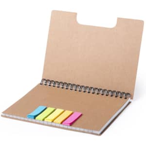 A notepad with a brown cover and spiral binding, featuring six colourful sticky tabs in pink, yellow, green, and blue.