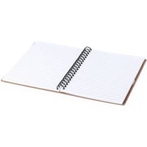 A spiral-bound notepad with lined pages and a brown cover, featuring a logo on the front.