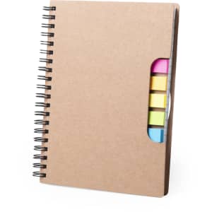 A spiral-bound notepad with a kraft cover and a side pocket containing sticky notes in pink, yellow, and blue.