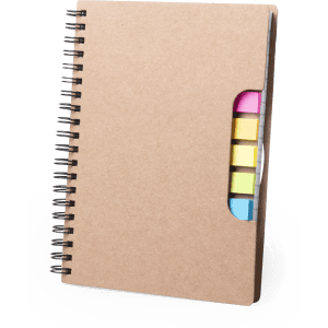 A brown spiral notepad with a side pocket containing colourful sticky notes in pink, yellow, and blue.
