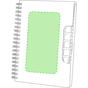 A notepad with a spiral binding, featuring a green section on the cover and an attached holder.