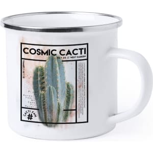 A white enamel mug featuring a cactus design and a decorative border, with a metal rim.