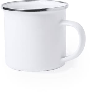 A white sublimation mug with a silver rim and a sturdy handle, perfect for custom designs.