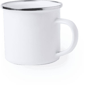 A white coffee mug with a silver rim and a sturdy handle. It features a logo on the side.