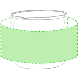A white sublimation mug with a green design area and a circular shape, featuring a branding logo.