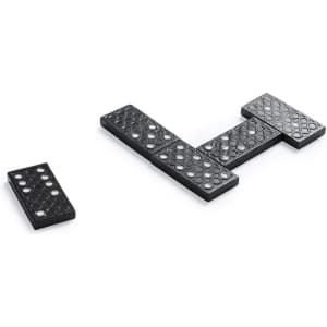 A set of black dominoes arranged in a game layout, with circular dots for scoring. The image features a logo.