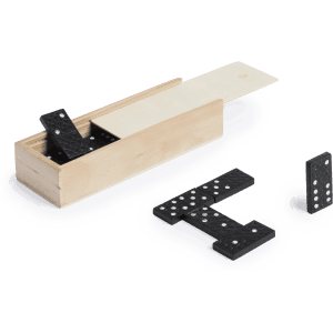 A wooden box containing black dominoes with white dots. Some dominoes are partially outside the box.