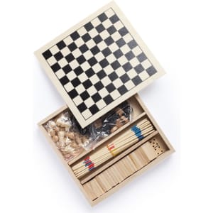 A wooden game set in a box, featuring a chessboard, game pieces, and assorted sticks in red, blue, and yellow.