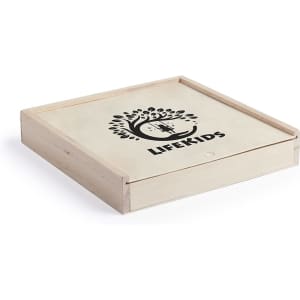 A wooden box with a sliding lid featuring a logo on the top, designed for the Xigral Game Set.