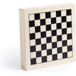 A wooden chess game board featuring a classic black and cream checker pattern. The board is square-shaped.