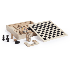 A wooden game set featuring a checkerboard, dominoes, and various game pieces, with a natural finish.