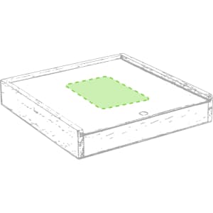 A rectangular box with a light green section in the centre, featuring a simple wooden design and a logo.