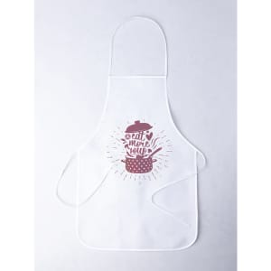 A white apron featuring a design with pots and the phrase "Eat More Soup," ideal for cooking.