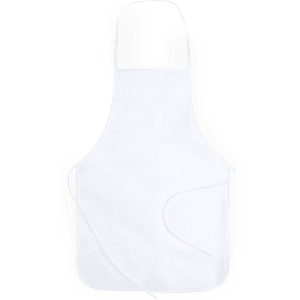 A white sublimation apron featuring a pocket and a logo. Suitable for various workwear applications.