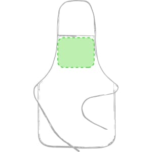 A green sublimation apron featuring a front pocket and ties, designed for workwear use. It has a logo.