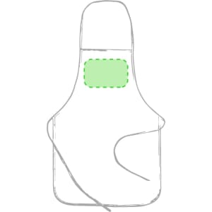 A white apron featuring a green section, designed for sublimation printing, with a logo present.