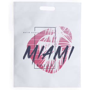 A white bag featuring a pink and black design with a logo, labelled "Miami" in bold letters.