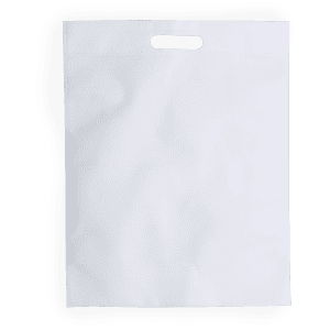 A white sublimation bag with a cut-out handle and one logo. Suitable for various uses.