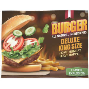 A colourful promotional placemat featuring a king-size burger with lettuce, tomato, and cucumber, surrounded by fries.