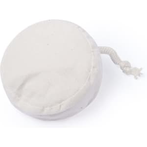A round, cream-coloured foldable bag with a drawstring closure. It has a simple, unbranded design.