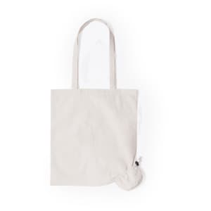 A light grey foldable tote bag with long handles and a compact pouch for storage. Features a logo on the bag.