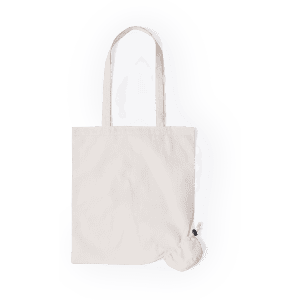 A light-coloured foldable tote bag with two handles, neatly packed into a small pouch.
