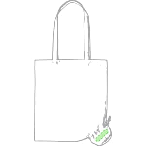 A foldable tote bag in grey with a green zipper compartment, featuring two handles and a branding logo.