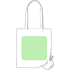 A foldable tote bag in green with handles and a small pouch for storage, featuring a blank area for branding.