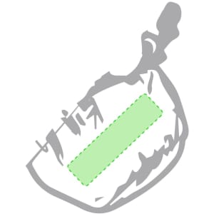 A foldable tote bag in grey with a green rectangular panel, featuring a logo.