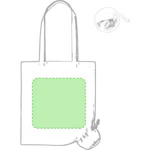A green foldable tote bag with long handles and a compact storage option. It features a simple design and a logo.