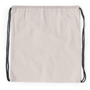 A beige drawstring bag with black cords, featuring a simple, plain design and a logo.