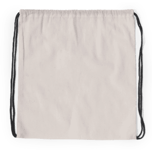 A cream drawstring bag with black cords and an unbranded design.
