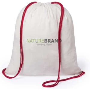 A drawstring bag in natural fabric with red cords and a brand logo on the front.