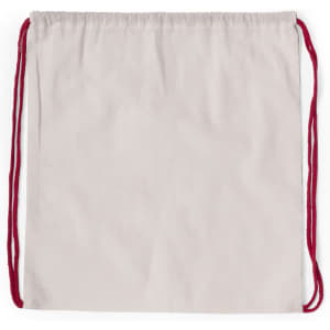 A beige drawstring bag with red cords, featuring a logo on one side.