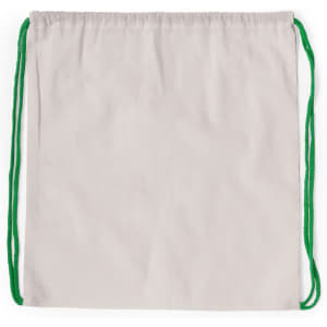 A beige drawstring bag with green cords, featuring a simple design and a logo.