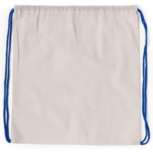A beige drawstring bag with blue cords, featuring a simple, unembellished design.
