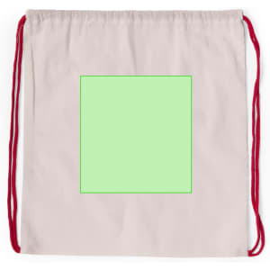A drawstring bag in light cream with red cords, featuring a green rectangular area.