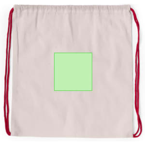 A drawstring bag in off-white with red cords and a blank green square in the centre.