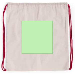 A light grey drawstring bag with red cords and a green square in the centre, featuring a logo.
