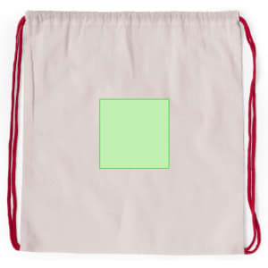 A beige drawstring bag with red cords and a green square in the centre. It features a logo.