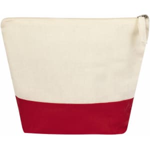 A toiletry bag in cream and red with a zip closure and a simple design. It features a logo on the surface.