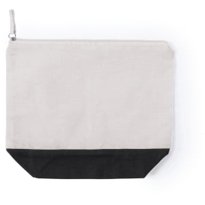 A toiletry bag featuring a cream upper section with a black base, complete with a zip closure and a logo.