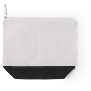 A toiletry bag in a natural light beige with a black bottom, featuring a zip closure and a logo.