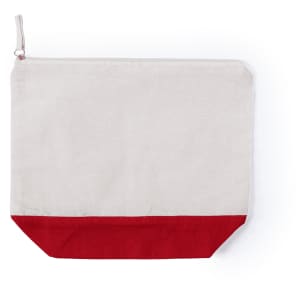 A toiletry bag with a cream top and a red bottom, featuring a zipped closure and a simple design.