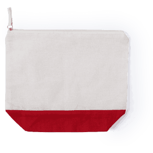 A toiletry bag in cream with a red base, featuring a zip closure and a simple design.