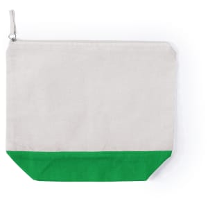 A toiletry bag in beige canvas with a green bottom, featuring a zip closure and a small branding logo.