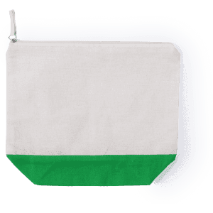 A toiletry bag in cream with a green base, featuring a zip closure and a simple design. It has a logo on it.